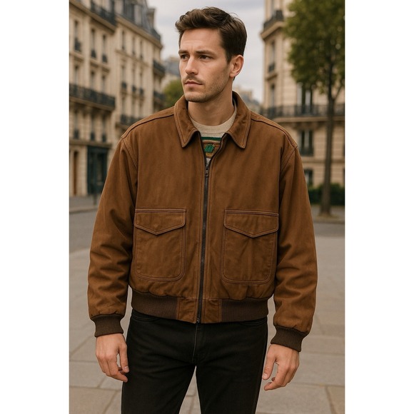 G-III Dark Brown Leather Bomber Jacket Suede-like SZ Medium Aviator - Picture 10 of 10